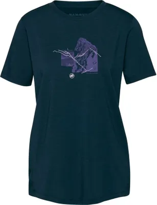 Dunkelblaues Damen-T-Shirt von Mammut mit grafischem Druck eines Bergsteigers.