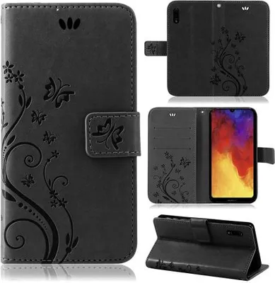 Produktbild von Handytasche für Huawei Y6 2019 Blumen Flip Cover Buchhülle mit Magnetverschluss, Schwarz