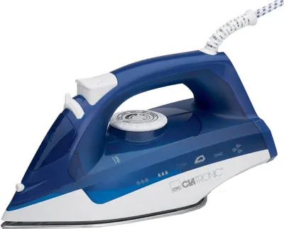 Product shot of a blue and white steam iron on a white background.