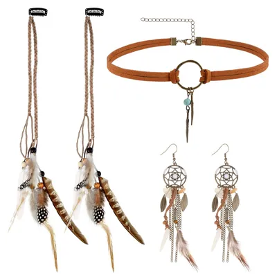 Produktbild von Schmuckset für Frauen - Retro Leder Choker Halskette mit Federn und Ohrringen - Bohemian Haarschmuck Set