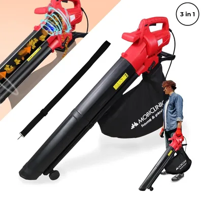 A collage showcasing a leaf blower and a person holding it.