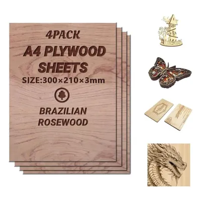 Image de 4xA4 Panneau de contreplaqué 3mm|Panneau de bois de rose brésilien-Découpes fines en bois|Lame parfaite pour scie à chantourner,pyrogravure,découpe laser,routeur CNC