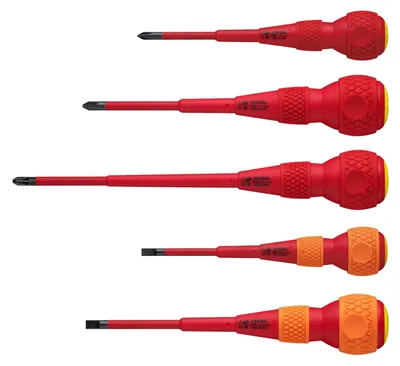 Obrázek produktu pro Sada šroubováků VDE s ergonomickou rukojetí, izolovaná, s plochým a Pozidrive hrotem, 5 kusů