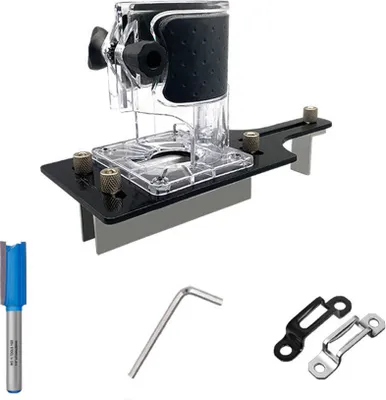 Produktbild von 2-in-1-Schlitzhalterung mit unsichtbarem Befestigungselement, Holzbearbeitungsfraeserbasis, 65-mm-Trimmmaschinenbasis-Schlitzfuehrungs-Locator mit Fraeser fuer Schrank, Kleiderschrank, Moebel, Schuhregal
