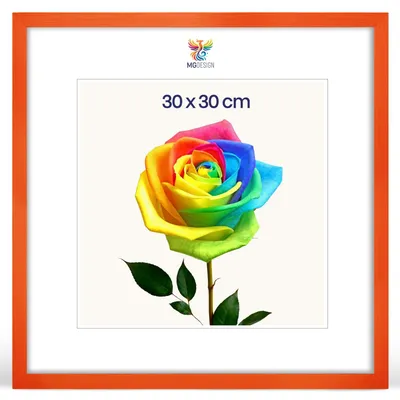 Produktbild von MG Design Bilderrahmen 30 x 30 cm - Posterrahmen mit Orange Holzrahmen (Echtholz) und bruchsicherem Acrylglas, Hoch & Quer mit stabiler Wandaufhängung