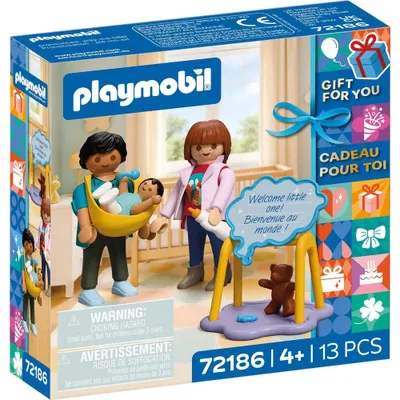 Produktbild von PLAYMOBIL Spielset zur Geburt mit Baby, Wolkenschild, Umhängetasche und Rassel