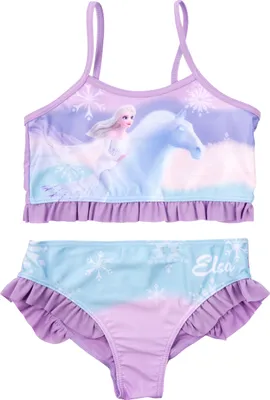 Produktbild von Disney Die Eiskönigin Bikini mit Rüschen für Mädchen - Elsa Frozen Kinder Zweiteiler Schwimmanzug Lila 122-128