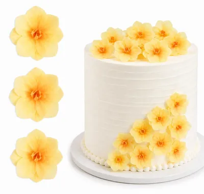 Produktbild von Blümchen aus Oblaten – Hortensie, 3,7 cm, gelb, 3 Stück – Dekoration für Geburtstagstorten