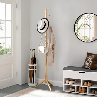 Produktbild von VASAGLE Garderobenständer, freistehender Kleiderständer, Garderobe aus Massivholz, in Baumform, mit 8 Haken, für Kleidung, Hüte, Taschen, Flur, Eingangsbereich, naturfarben RCR004N01