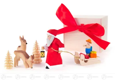 Produktbild von Schnitzerei Weihnachtsmann mit Schlitten und Rehen geschnitzt, in Geschenkbox Höhe ca 6,5 cm NEU