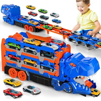 Produktbild von MODFU Spielfahrzeuge, Kinder Dinosaurier Spielzeug Fahrzeug Set, 6 Mini Autos, Verwandlung & Rutschen, Dinosaurier-Themenbahn, Aufbewahrung und Spielspaß