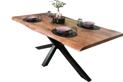 Produktbild von Esstisch Baumkante massiv Akazie Nussbaum 240 x 100 Spider-Gestell schwarz CALI
