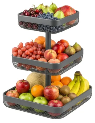 Zdjęcie produktu dla eluno – półka na owoce, kwadratowy kosz na pieczywo z trzema półkami, kosz na owoce, wymiary: 20 x 20 cm, 25 x 25 cm i 30 x 30 cm, wykonane z szarego metalu