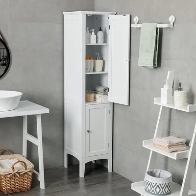 Immagine prodotto di Mobile da bagno a 5 ripiani, mobile da bagno con 2 ante e 5 scomparti, mobile contenitore per bagno, cucina, soggiorno, 38 x 38 x 160 cm (bianco)