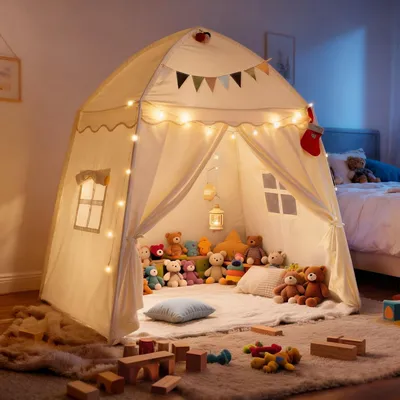 Produktbild von Spielzelt Spielhaus Kinderzelt - 150 x 100 x 150 cm - Mit Matte und Lichterkette - Beige - Für 3 bis 5 Kinder