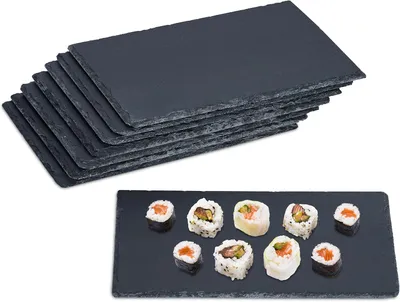 Image de Plateau de service en ardoise - Coffret de 8 pièces - Plateau rectangulaire - 26 x 16 cm - Idéal pour le fromage, les sushis, les desserts - Couleur : anthracite