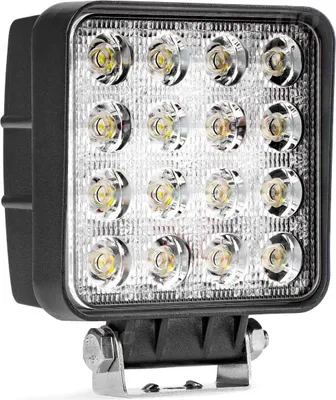 A square LED work light with a black housing and a metal bracket.