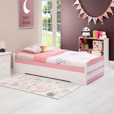 Produktbild von Ausziehbett LORENA in 90 x 190 cm, schönes Kinderbett aus Kiefer massiv in weiß/rosa, praktisches Jugendbett mit Auszugskasten