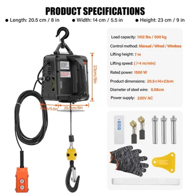 Obrázok produktu pre Elektrický navijak – 1500 W zdvihák – nosnosť 500 kg – výška zdvihu 7 m – rýchlosť 4 m/min – 3 v 1: manuálne ovládanie / ovládanie káblom / diaľkové ovládanie