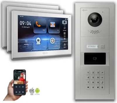 Produktbild von Goliath IP Video Türsprechanlage mit Kamera 10-Zoll Zahlencode RFID Silber : 3 Monitore : 10 Zoll Weiß : Unterputzdose Monitor Anzahl: 3 Monitore Monitor Farbe: 10 Zoll Weiß Montage: Unterputzdose