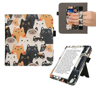 Obrázok produktu pre kwmobile Flip Cover kompatibilný s Kobo Kobo Libra Colour / Tolino Vision Color - Kryt s remienkom na zápästie Mačky Oranžová Čierna Biela