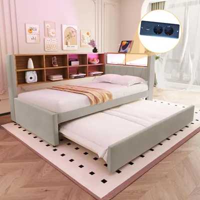 Image de MODFU Lit Gigogne 90x200 cm - Lit Enfant ou Ado en Tissu Gris clair avec Lit Coulissant 90x190 cm et Port USB, Sans Matelas
