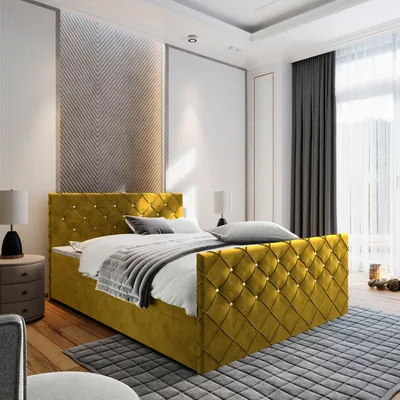 Produktbild von Masseno Boxspringbett MANDI 180x200 cm Komplett-Set mit Bonell Matratze und Topper, Polsterbett mit Bettkästen -Gelb, MAGIC VELVET 2234