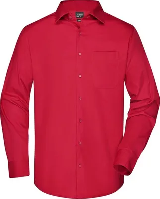 A plain studio shot of a red men's long-sleeved business shirt.