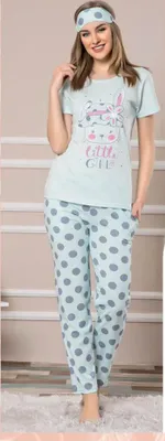 Produktbild von Damen Pyjama Schlafanzug Hellblau S Kurz 3-Teiler Set mit Augenband S-44
