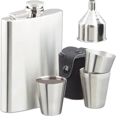 Immagine prodotto di Set di brocche - Acciaio inossidabile - 7 pezzi - 200 ml - Brocca con imbuto e 4 bicchieri - Ideale per il campeggio - Modello "Platvink" piccolo - Argento