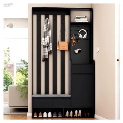 Produktbild von Flurgarderobe Garderobenset mit gepolsterter Sitzbank und Aufbewahrungsbank - Multifunktionaler Schuhschrank mit Stecktafel, Moderne Garderobe mit 4 Haken in Schwarz