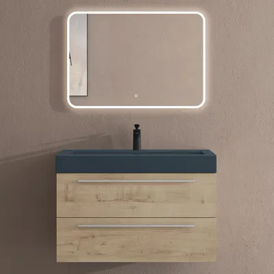 Produktbild von doporro Badmöbel-Set Waschbeckenunterschrank mit Soft-Close in Eiche Greige 90x48x60cm Waschplatz komplett Set inkl. Mineralguss-Waschbecken in matt Anthrazit und Led-spiegel Quadratto