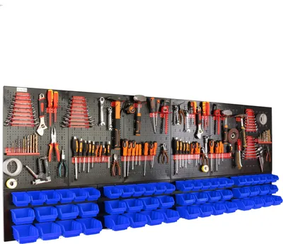 Produktbild von botle® Werkzeugwand Lochwand aus Metall, Stapelboxen + Wandregal + Werkzeughalter 110-tlg Set, Kleinteilelager,  Wandwerkstatt mit 56 stapelbaren Blau Behältern, Hängeregal Sortierregal