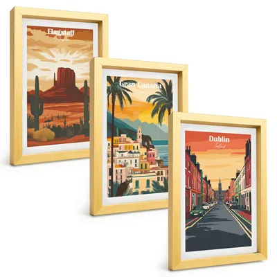 Produktbild von Bilder Set 3-teilig im Goldrahmen Rahmen – Wandbilder 3 Stück – gerahmte Poster für Wohnzimmer, Schlafzimmer und Flur – 20x30 cm – Landschaften natürlicher Städte