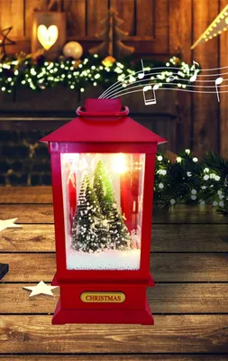 Produktbild von LED Weihnachtslaterne Weihnachtsmann oder Tannen im Schneegestöber Rot, 30 cm, warmweißes Licht, 8 Weihnachtsmelodien, Schneeeffekt, batteriebetrieben, zum Aufstellen und Aufhängen, Variante:Tannen