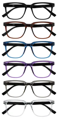 Produktbild von OPULIZE LEO Lesebrille - 6er-Pack - Rechteckiges Gestell - Schwarz, Braun, Blau, Lila, Grau, Klar - Herren Damen - Federscharniere - RRRRRR55-12357C - +3.00