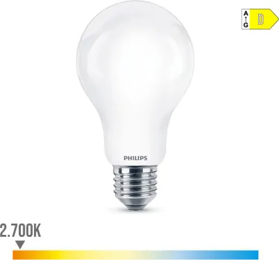 A white LED light bulb with a silver base, shown against a white background. An energy efficiency rating label is visible in the top right corner, and a color temperature scale is shown at the bottom.