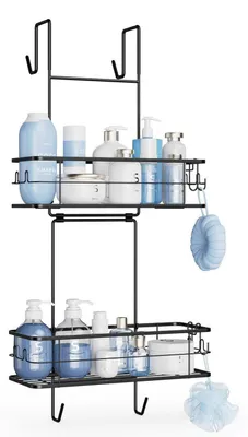 Image de Étagère de douche à suspendre, 2 niveaux, en métal, sans perçage, avec protection anti-rayures