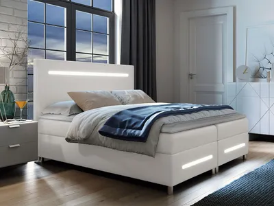 Obrázek produktu pro Boxspringová manželská postel 140x200 MARIELA - bílá  + topper a LED osvětlení