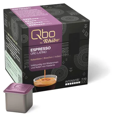 Produktbild von Tchibo Qbo Espresso Oro Tolima Premium Kaffeekapseln, 27 Stück (Espresso, Intensität 7/10, vollmundig mit Röstaromen), nachhaltig, aus 70% nachwachsenden Rohstoffen & klimaneutral kompensiert