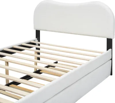 Produktbild von okwish Kinderbett Plattformbett 140×200 cm mit Lattenrost und ausziehbares Rollbett 90×190cm, Polsterbett Jugendbett für Jungen und Mädchen, Funktionelles Doppelbett mit Kopfteil in Wolkenform, weiß (Ohne Matratze)