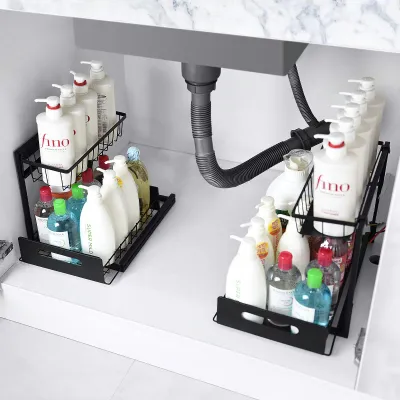 Obrázek produktu pro 2dílná sada, jednopatrový úložný regál do kuchyňské skříňky, úložný regál pod dřez, výsuvný koš do zásuvky, vyjímatelný, černý.