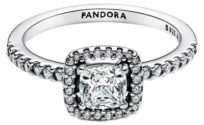 Produktbild von Pandora Ring Größe 50, Silberner quadratischer Halo-Ring mit funkelnden Steinen, eleganter Schmuck