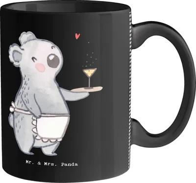 Produktbild von Mr. & Mrs. Panda Kaffeebecher Kellnerin Herz - Schwarz - Geschenk, Yummy, Ausbildung, Tasse, Essen, Lecker, Trinkbecher, Abendessen, Teetasse, Restaurant, Kaffeetasse