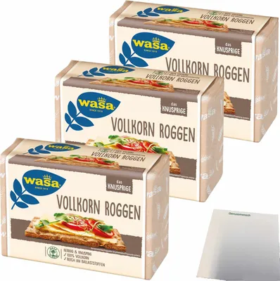 Produktbild von Wasa Vollkorn Knäckebrot kernig knusprig 100% Vollkorn reich an Ballaststoffen 3er Pack (3x260g Packung) + usy Block