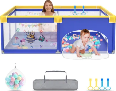Image de NAIZY Parc pour b?b ? 180x200cmParc pour b?b ? avec 50 balles Ocean & 4 anneaux de traction & sac de transport, Tente de parc pliable avec filet respirant pour enfants, bleu avec motifs d'animaux