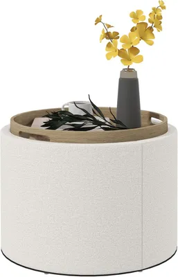 Produktbild von Runder Sitzhocker mit Stauraum und Klappdeckel, 56 x 56 x 42 cm, Cremeweiß | Fußhocker, Sitzwürfel, Pouf und Polsterhocker mit Holzbeinen in Samtoptik