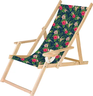 A wooden deck chair with a tropical floral pattern on a white background.