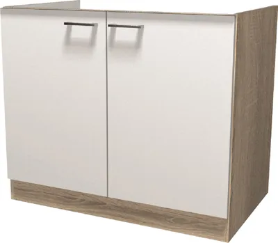 A kitchen cabinet base unit with two doors and a wood-effect plinth.