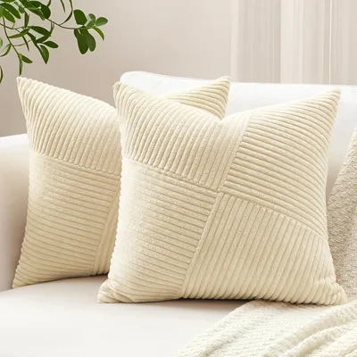 Productafbeelding van Set van 2 kussenhoezen met koordapplicaties, decoratieve kussens met een windmolenmotief, sofa kussens, decoratieve kussenhoezen in patchworkstijl voor de woonkamer (45x45 cm, beige)